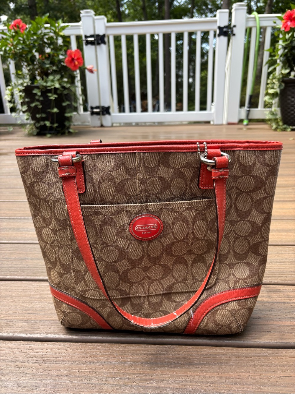 Coach Peyton Signature Heritage Tote Canvas Bag Red and White F18917